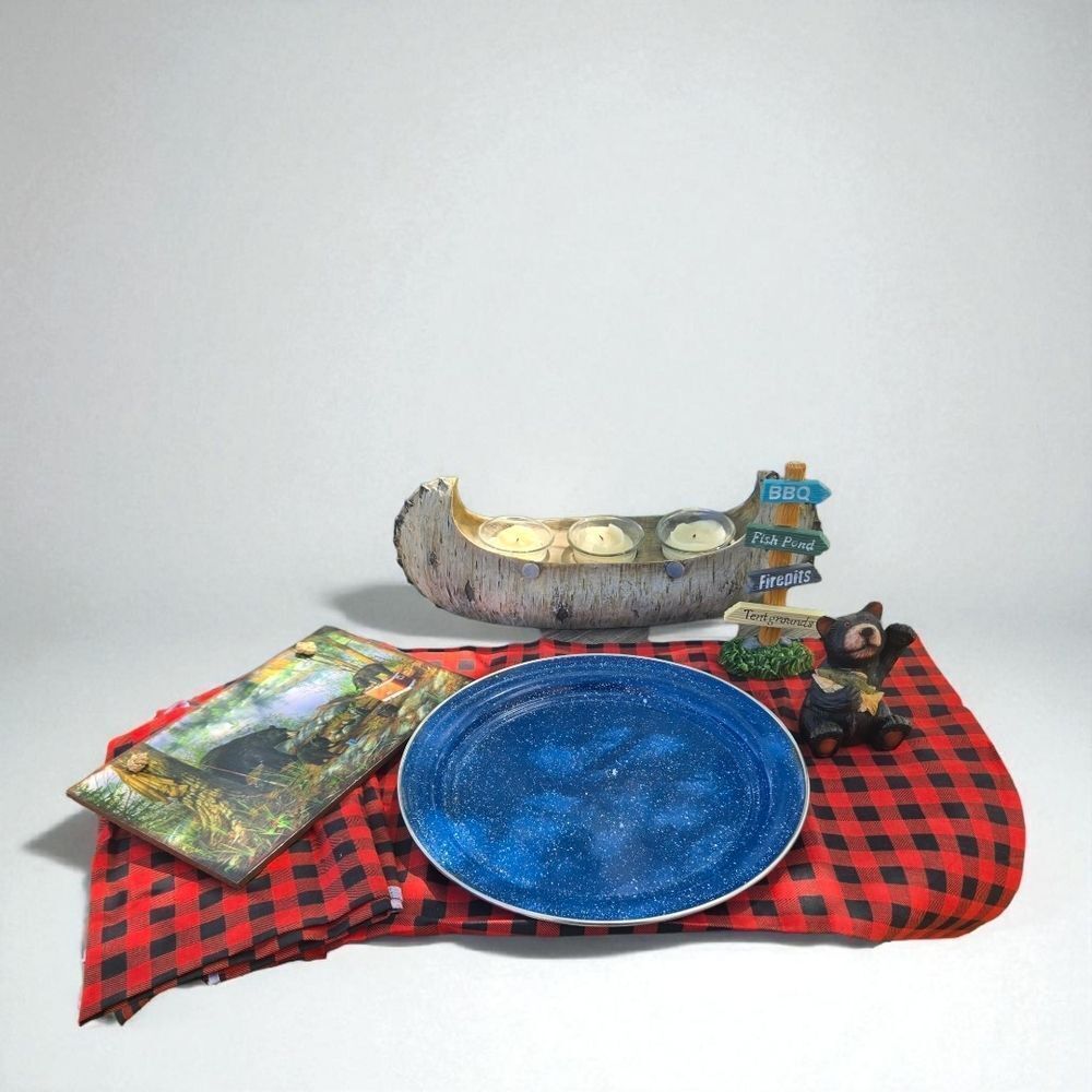Canoe & Bear 8pc Rustic Cabin Decor Camping Party Decorations Resin Figurines